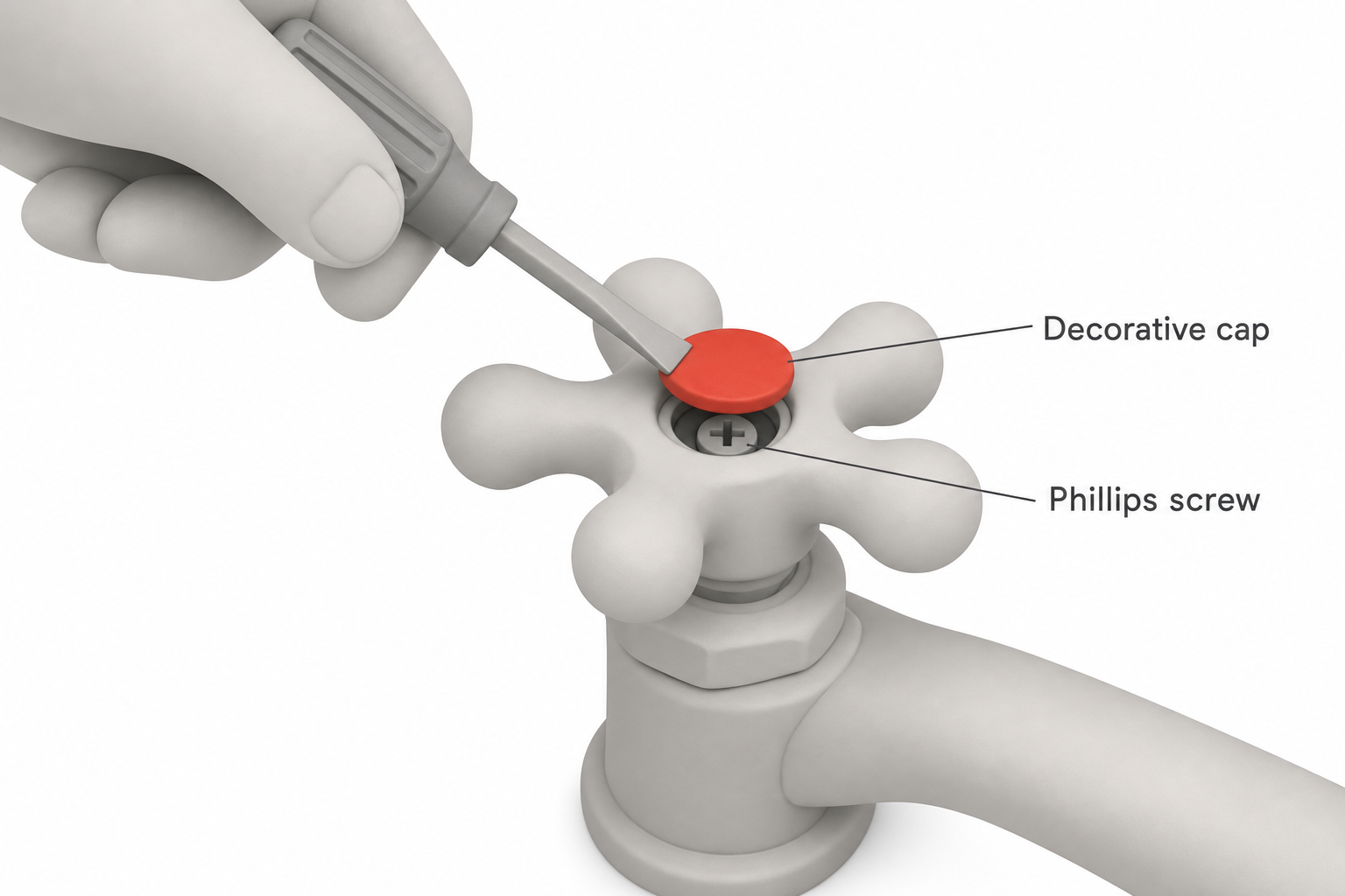 close-up of a hand using a flathead screwdriver to pry off a small decorative cap on top of a faucet handle, revealing a Phillips screw underneath