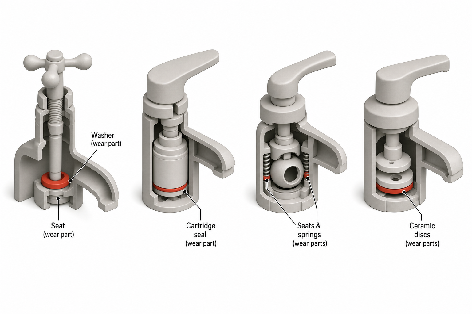cutaway diagram comparing four faucet types side by side—compression faucet with washer and seat, cartridge faucet with cylindrical cartridge, ball-type faucet with rotating ball and springs, ceramic disc faucet with two flat discs—each labeled with its key wear part