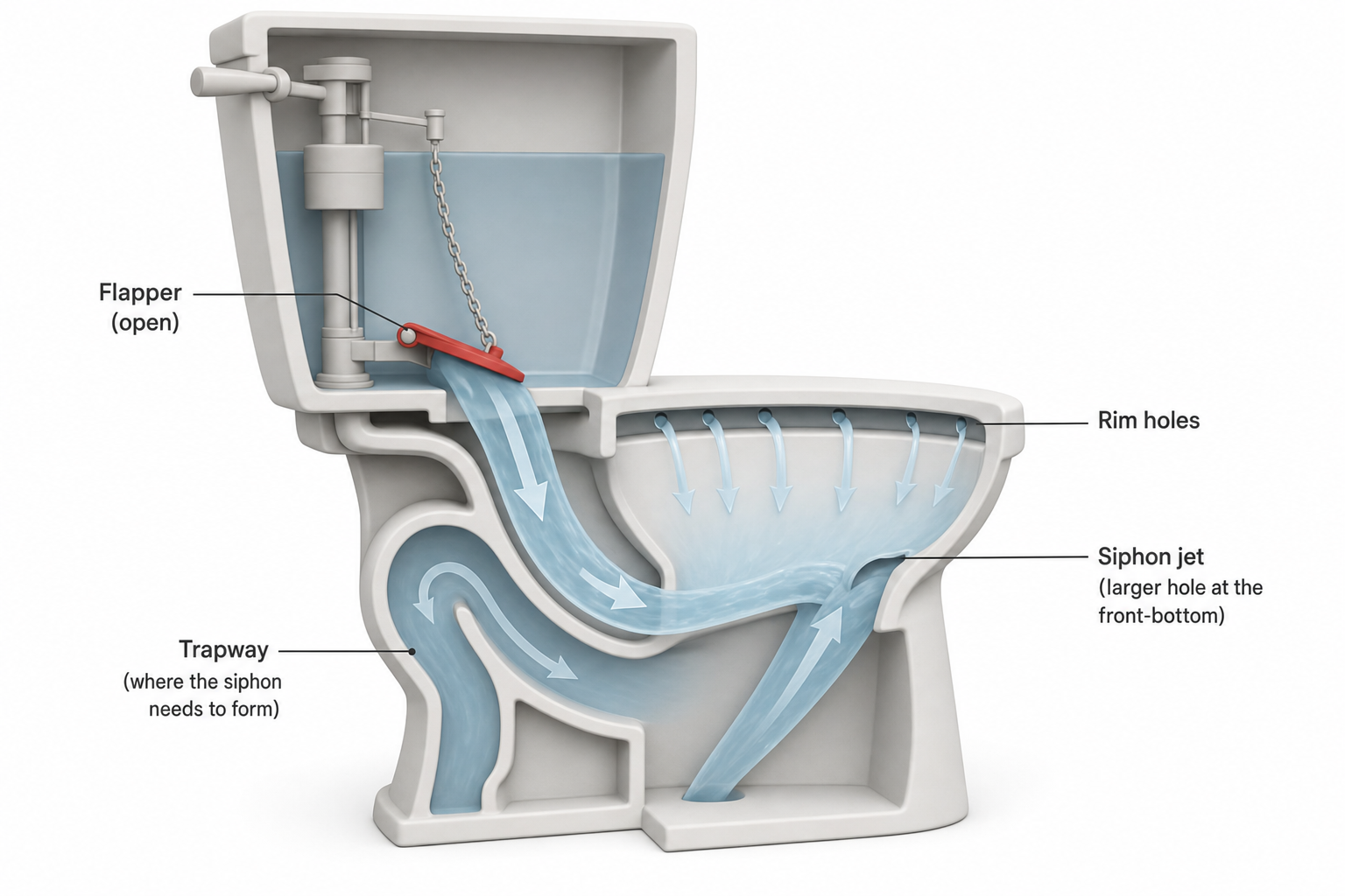 cutaway side view of a toilet tank and bowl showing the flapper open at the tank bottom, water rushing down into the bowl, and arrows tracing water flow to the rim holes and a larger siphon jet hole at the front of the bowl, with a label pointing to the trapway curve where the siphon needs to form