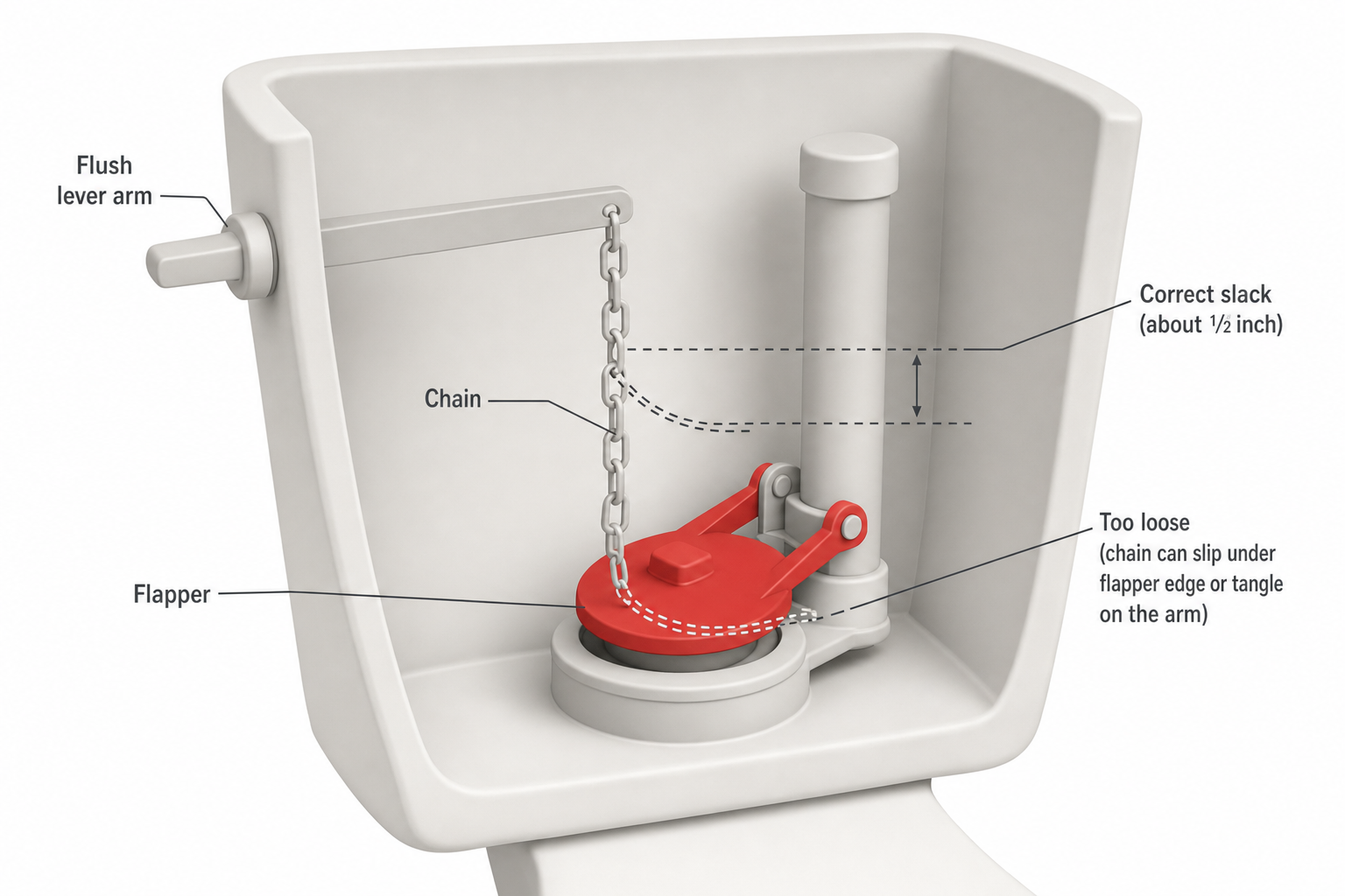close-up inside a toilet tank showing the flush lever arm, chain, and flapper, with dotted lines indicating correct slack of about half an inch versus a too-loose chain drooping into the flapper seat