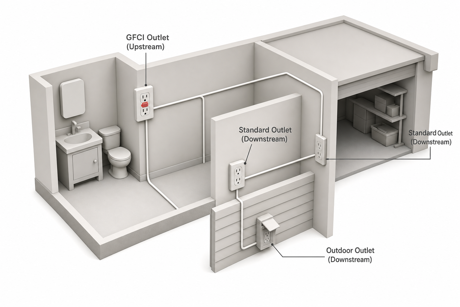 cutaway diagram of a home's electrical circuit showing one GFCI outlet in a bathroom wired upstream, with a line running to a standard outlet in a garage and another outdoor outlet, illustrating how one GFCI can protect several downstream receptacles