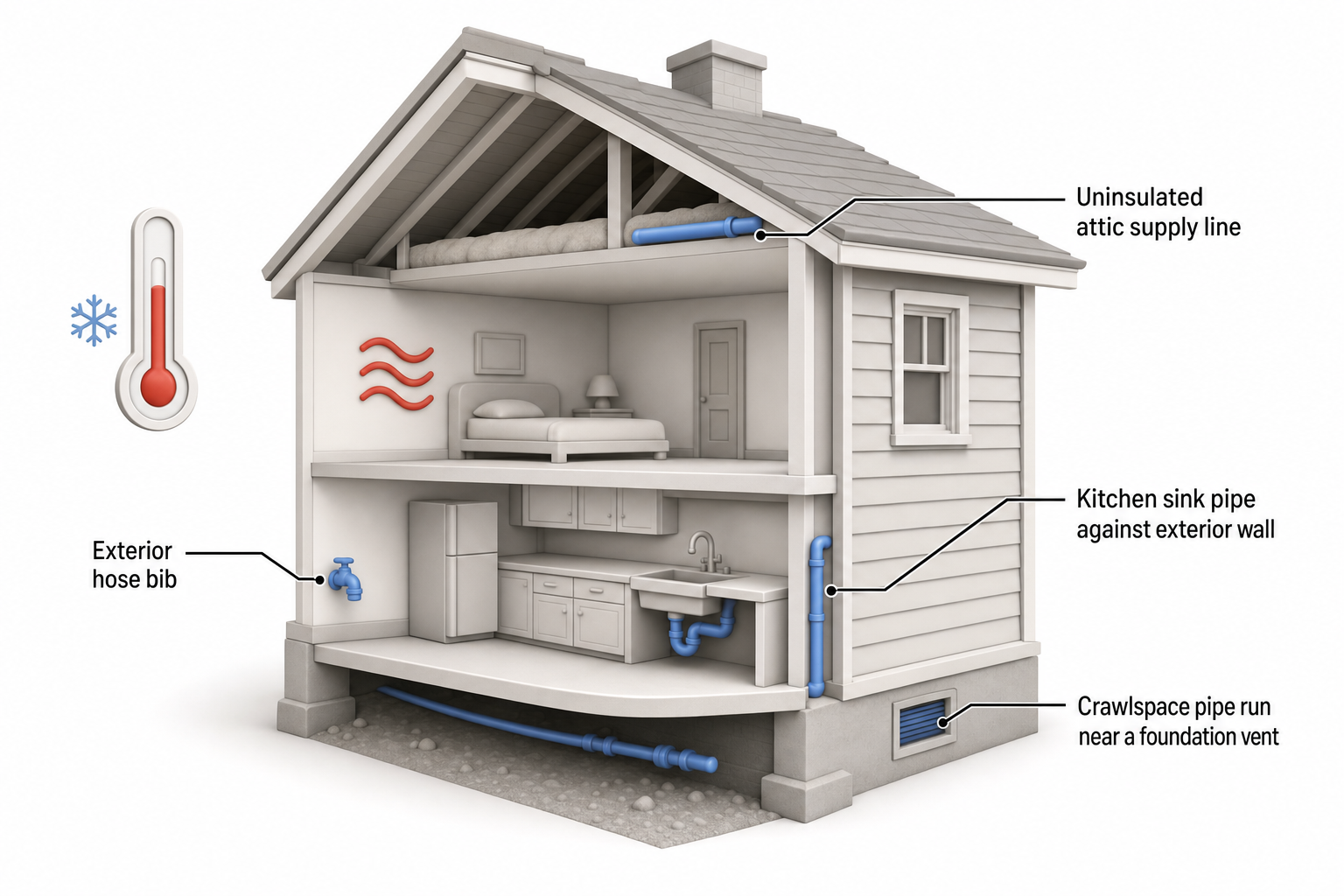 cutaway diagram of a two-story house showing common frozen-pipe risk zones highlighted in blue - exterior hose bib, crawlspace pipe run near a foundation vent, an uninsulated attic supply line, and a kitchen sink pipe against an exterior wall, with a thermometer icon showing outdoor cold and warm interior air