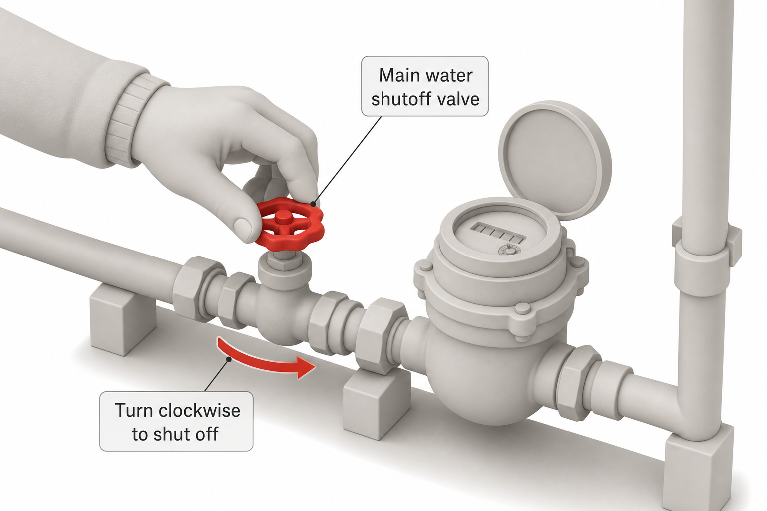 close-up of a homeowner's hand turning a residential main water shutoff valve near a water meter in a basement, with a label pointing to the valve and an arrow showing the direction to turn it off
