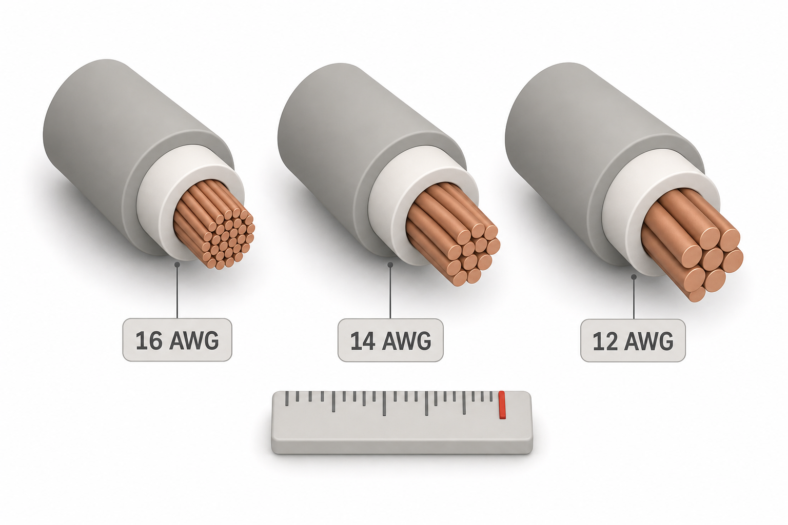 a side-by-side cutaway comparison of three extension cord cross-sections labeled 16 AWG, 14 AWG, and 12 AWG, showing visibly thicker copper strands as the gauge number decreases, with a small ruler icon for scale