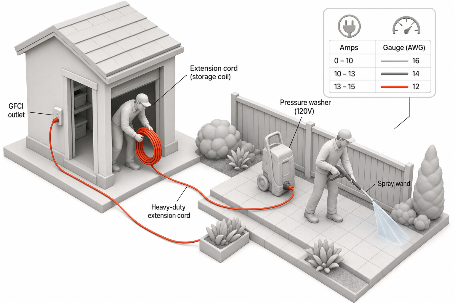 an outdoor scene showing a homeowner unrolling an orange heavy-duty extension cord from a garage to a backyard patio where a pressure washer is running, with a small inset chart icon indicating amps and gauge