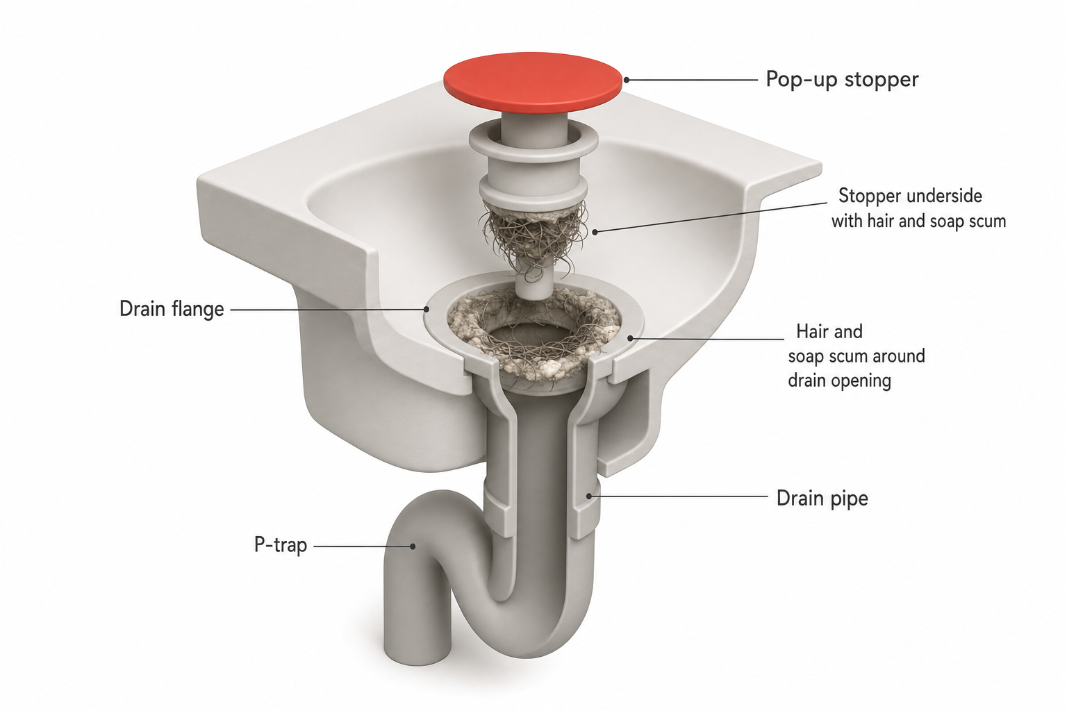 Cutaway view of a bathroom sink drain showing a pop-up stopper partially lifted out, with a tangled clump of hair and soap scum visible on the stopper's underside and around the drain flange opening