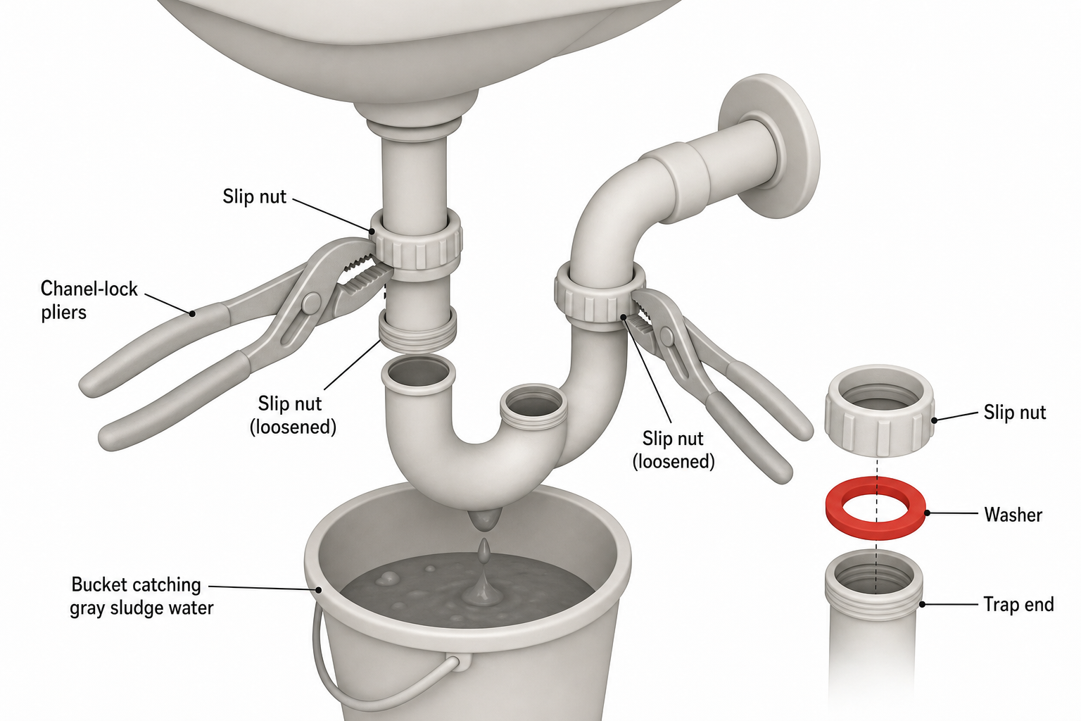 Close-up diagram of a bathroom sink P-trap being removed, showing slip nuts being loosened with channel-lock pliers, a bucket positioned underneath catching gray sludge water, and an exploded view of the washer inside the slip nut