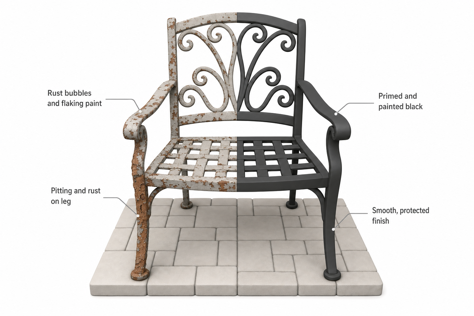 side-by-side before-and-after of a wrought iron patio chair — left half shows rust bubbles and flaking paint on the arm and legs, right half shows the same chair freshly primed and painted black, sitting on a paved patio