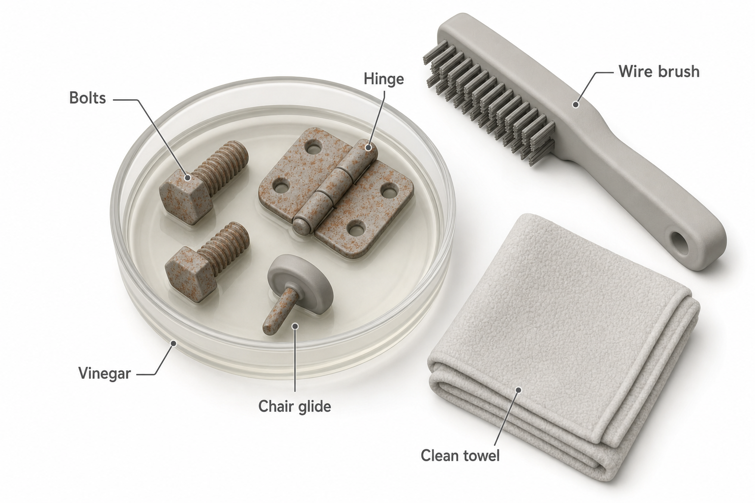 close-up of small rusted furniture hardware — bolts, a hinge, and a chair glide — submerged in a shallow glass dish of vinegar on a workbench, with a wire brush and clean towel nearby