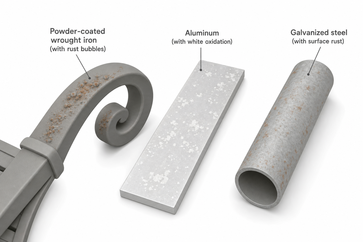 overhead flat-lay showing three patio furniture material swatches side by side — a section of powder-coated wrought iron chair arm with rust bubbles, a strip of bare aluminum with white oxidation spots, and a piece of galvanized steel tubing with light surface rust, each labeled